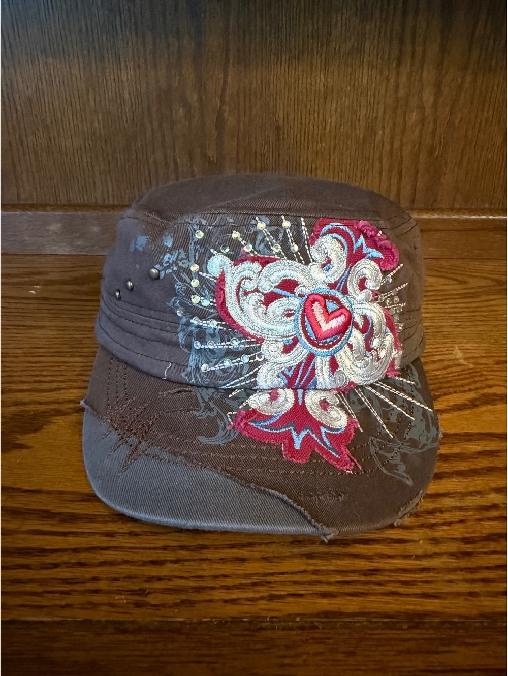Crystal Saint Y2K Cadet Hat Embroidered Heart Rhinestone Distressed Brown